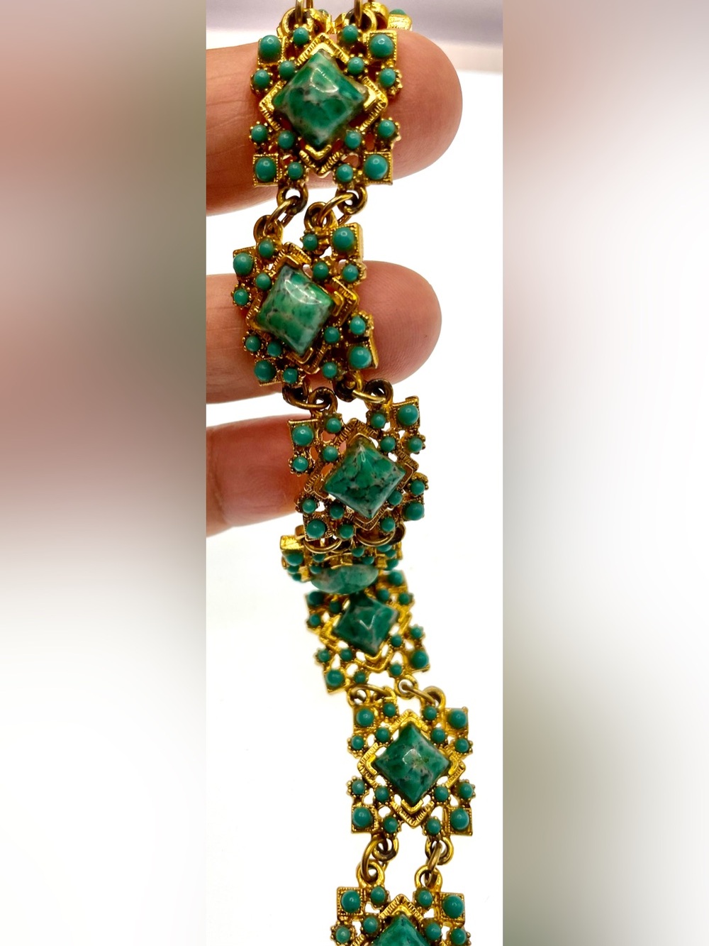 Vintage Gold Tone Faux Turquoise Moroccan Spanish Revival Link Bracelet 8”